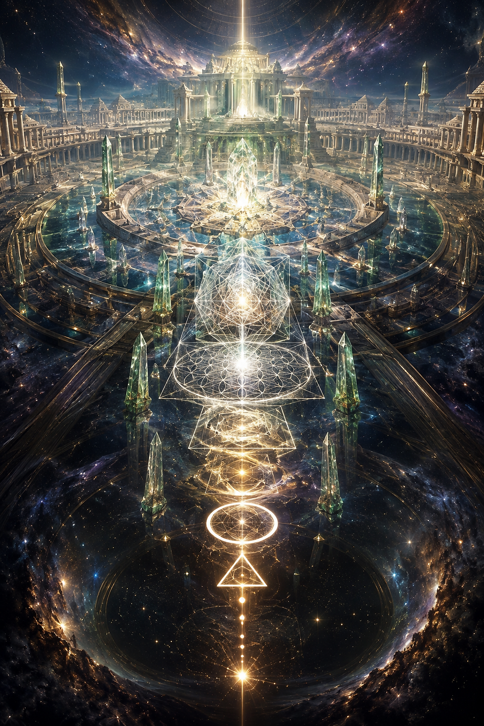 INTRODUÇÃO À GEOMETRIA SAGRADA - Da Unidade Primordial à Arquitetura do Cosmos. A Escada de Estudos da Manifestação da Geometria Sagrada. Imagem do Cantinho dos Anciãos criada por i.a.