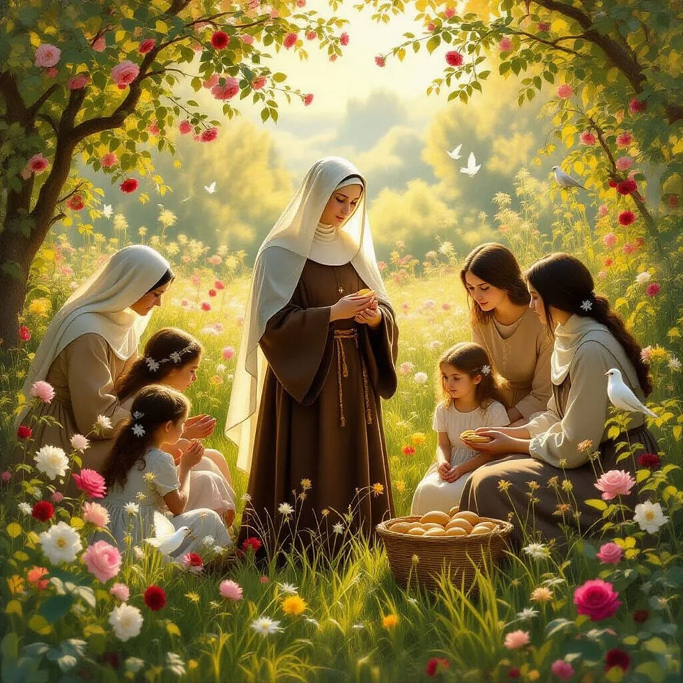 "No jardim de Clara de Assis, todas as rosas são bem-vindas." Imagem do Cantinho dos Anciãos criada por i.a.