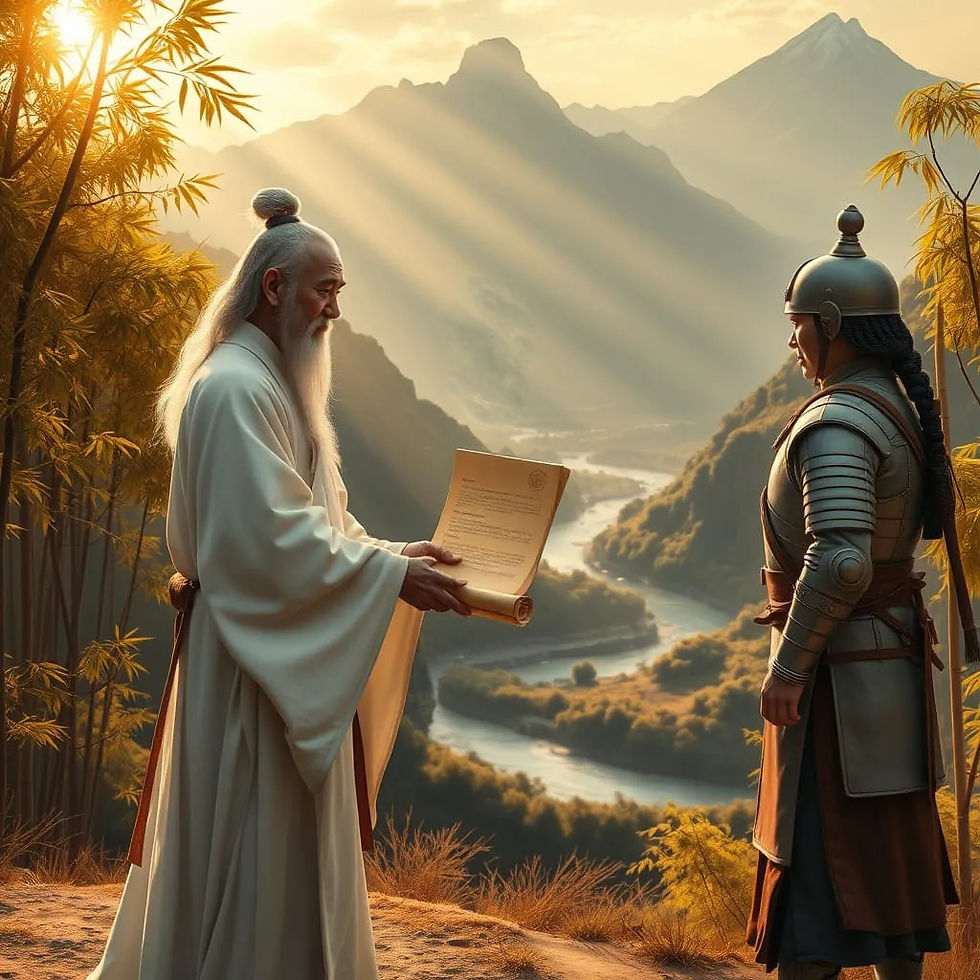 Mestre Laozi entrega o Dao De Jing (道德经) para Yin Xi.                                               Imagem do Cantinho dos Anciãos criada por i.a.