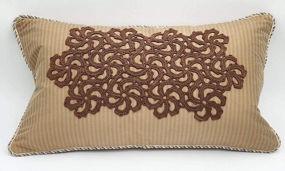 Thumbnail: Tan Striped Silk Taffeta Lumbar w/ Vintage Doily