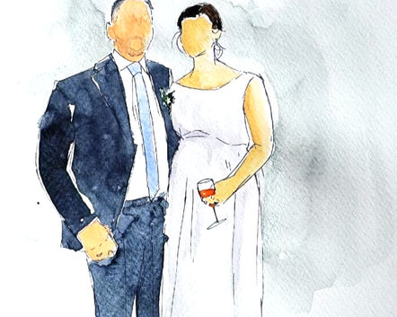 Aquarellmalerei: Hochzeitspaar, elegant gekleidet.