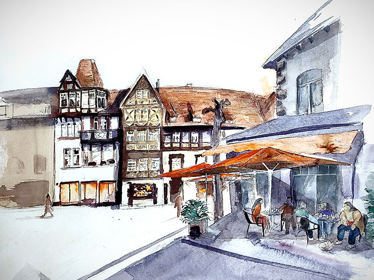 Aquarell: Straßencafé mit Fachwerkhäusern