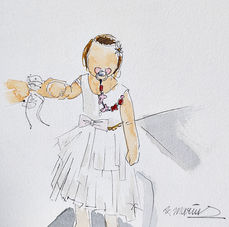 Ein Kleinkind in weißem Kleid und Schnuller in Aquarell gemalt.