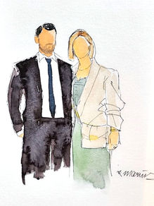 Aquarell-Hochzeitsportrait: Paar im eleganten Outfit
