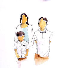 Ein Gäste-Aquarell von drei unterschiedlich großen Kindern in weißer Kleidung