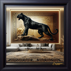 "Intérieur de luxe moderne avec une statue monumentale de panthère noire, mur doré texturé et motifs