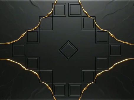 Animation 3D abstraite de luxe : marbre noir craquelé traversé de veines dorées formant un motif géométrique kaléidoscopique convergeant vers un diamant central, création Art-CreaVision®.