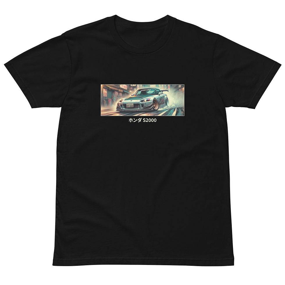 Thumbnail: A black t-shirt with an illustrated Honda S2000 on the front.