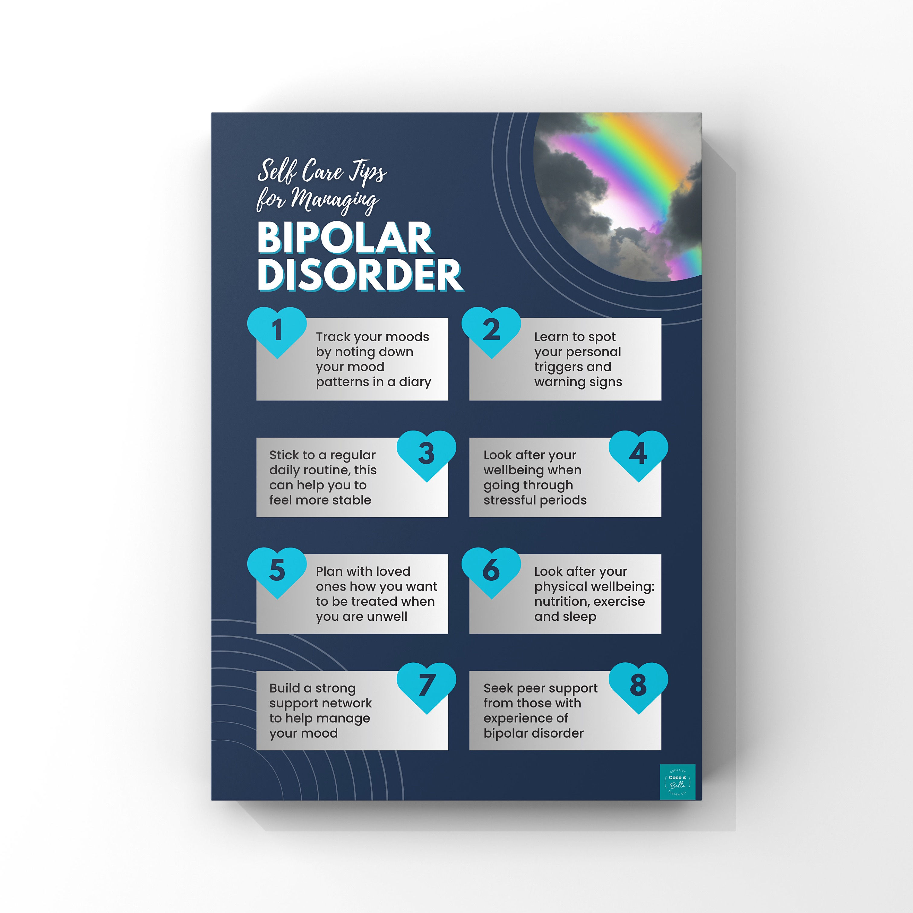 Bipolar Disorder poster with rainbow graphic and self-care tips for managing life.