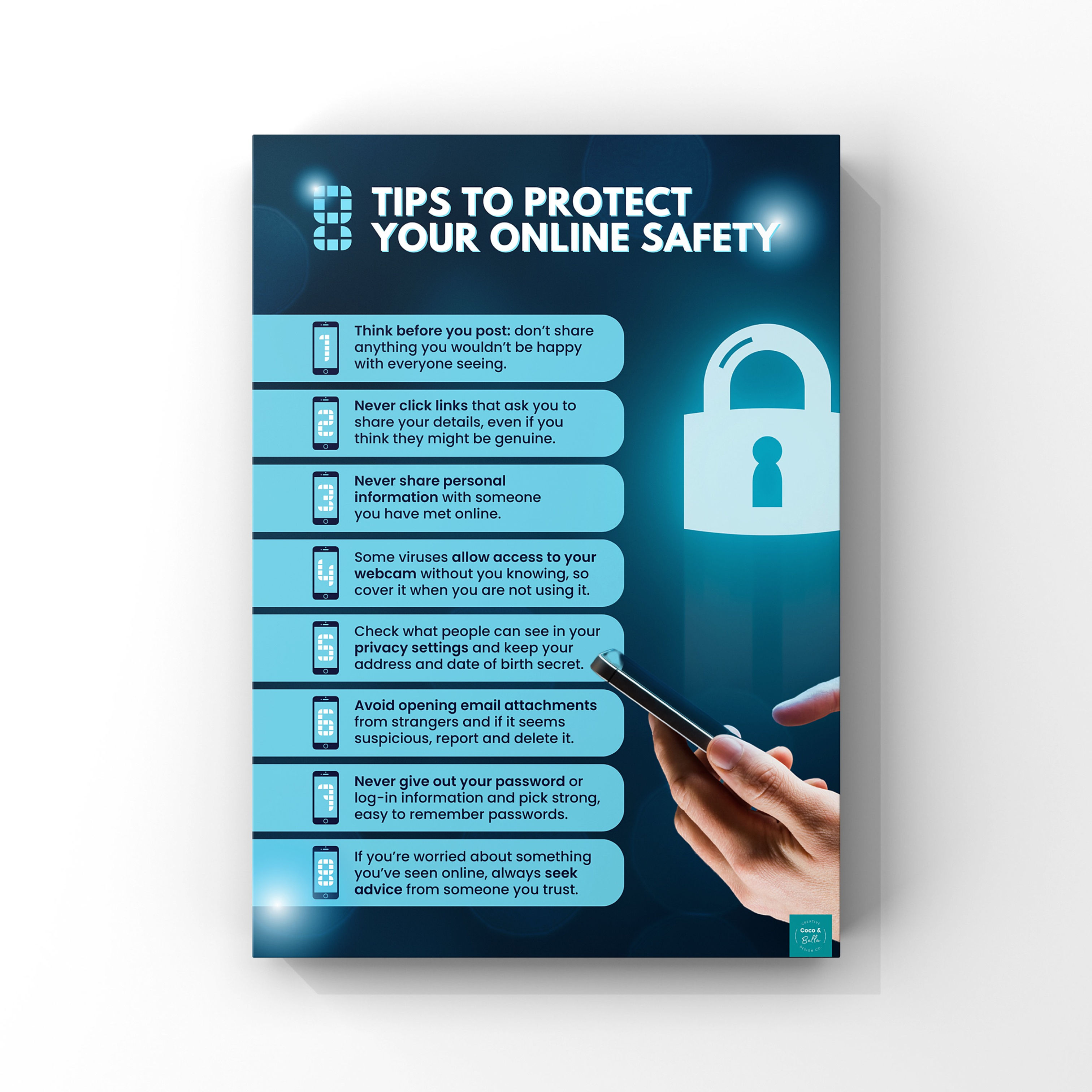 Tips to Protect Your Online Safety poster, security lock, and smartphone safety guidelines.