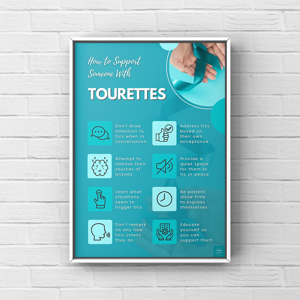 How to Support Someone with Tourettes poster with informative icons and content.