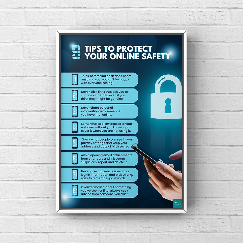 Poster: Tips to protect your online safety. Secure passwords, be careful online, and more.