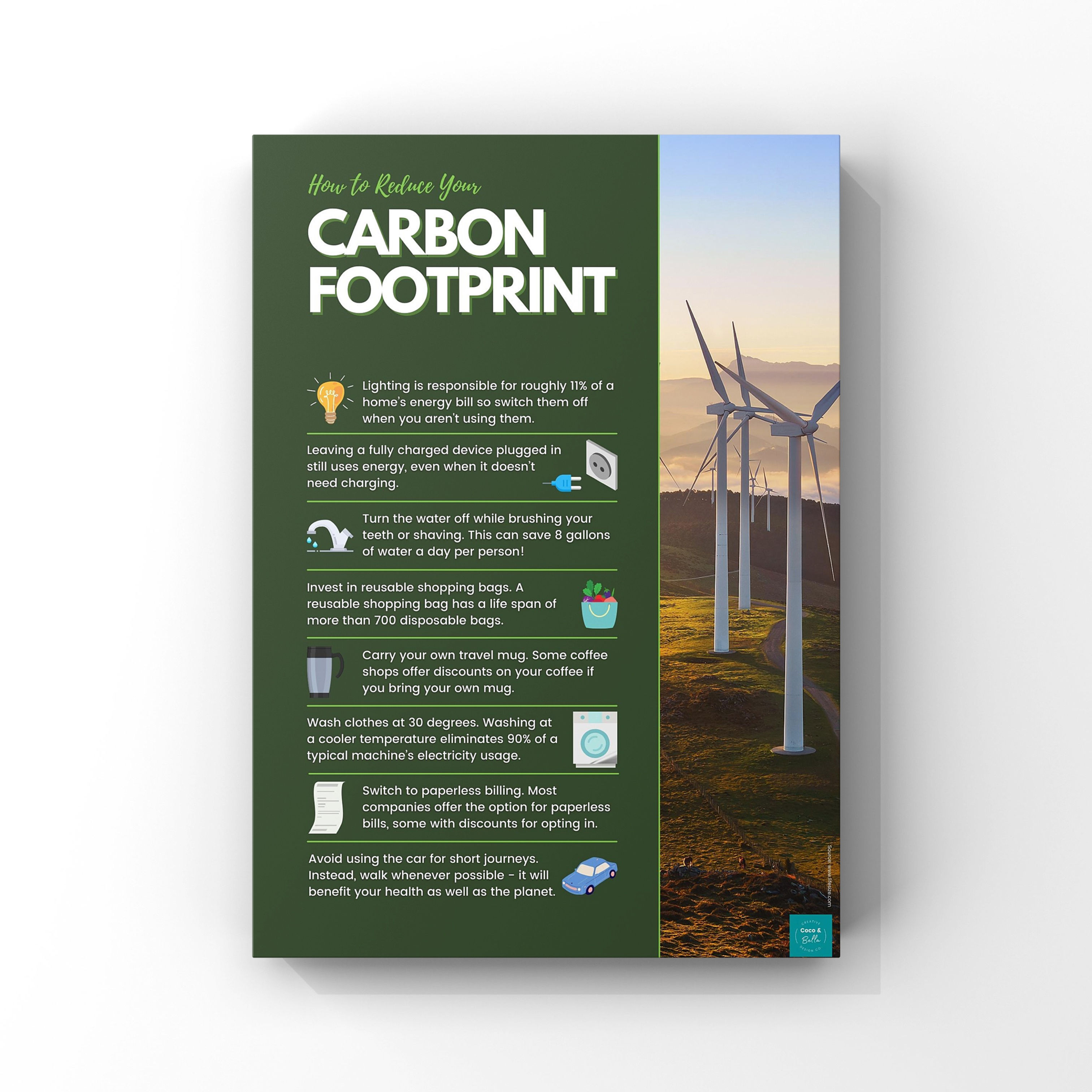 Carbon Footprint poster with wind turbines in background, green energy and environment
