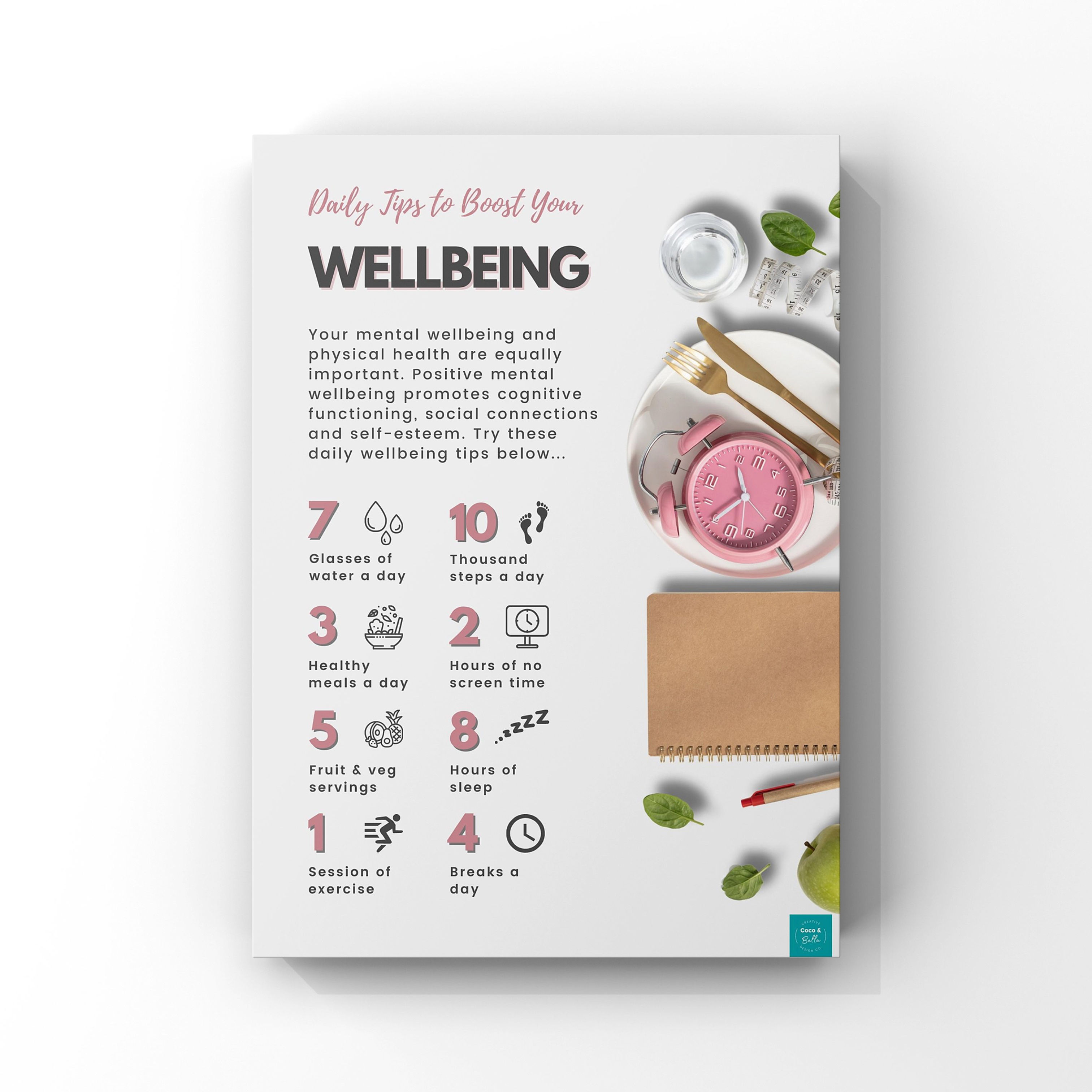 Wellbeing tips poster with text and graphics on a white background.