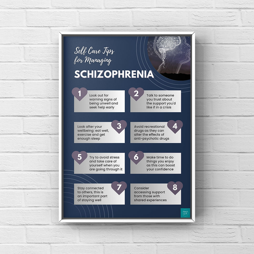 Poster: Self-Care Tips for Managing Schizophrenia with helpful tips and resources.