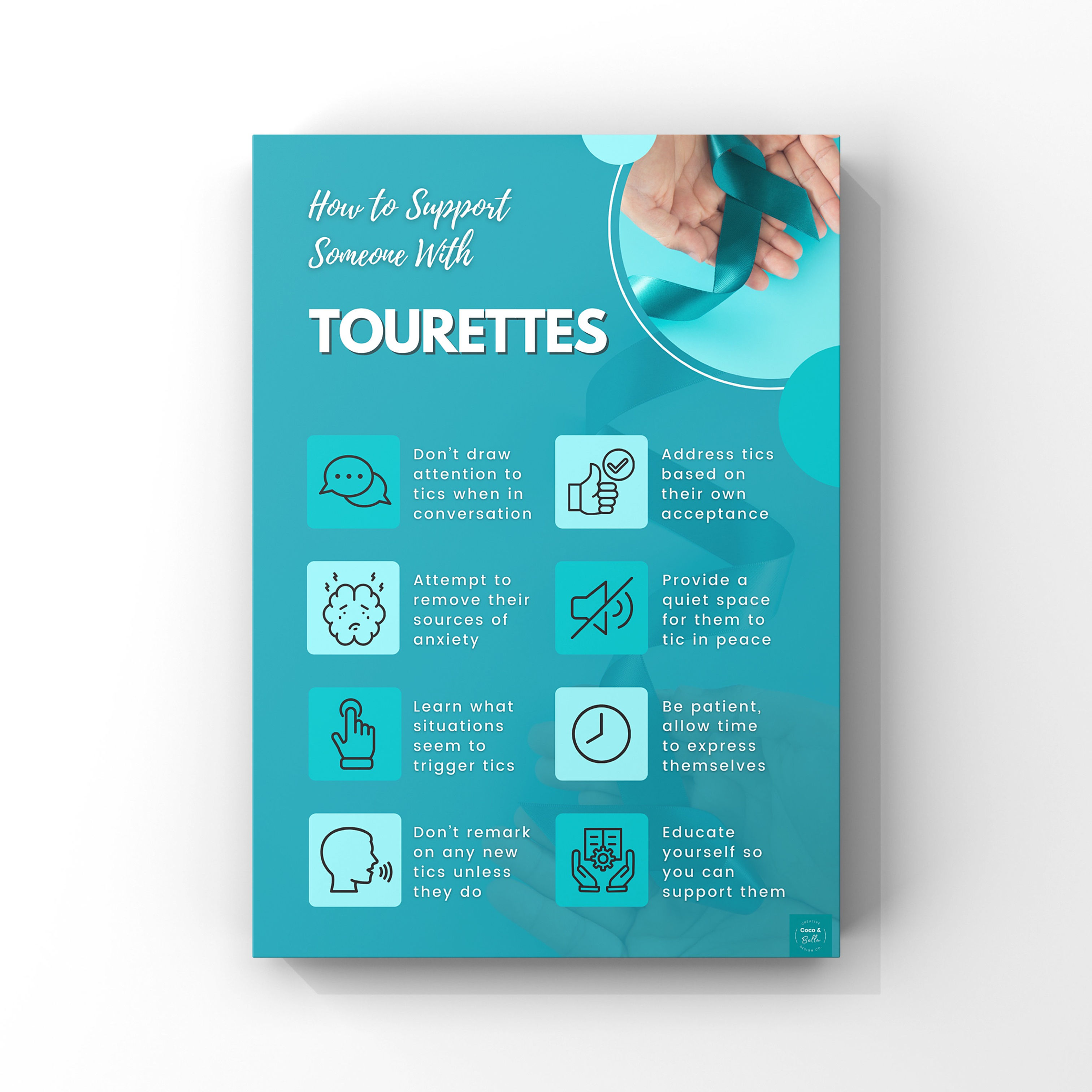 Poster: How to Support Someone With Tourettes. Teal background with graphic icons and text.