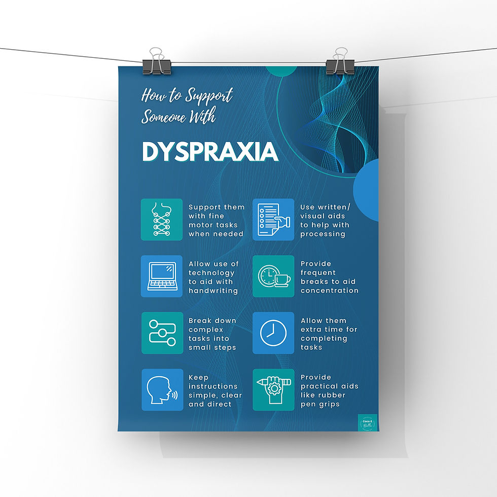 Thumbnail: How To Support Someone With Dyspraxia poster with helpful tips; Coco & Bella.