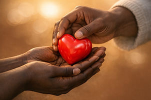 Hands sharing a red heart symbolizing care, compassion, and community support.