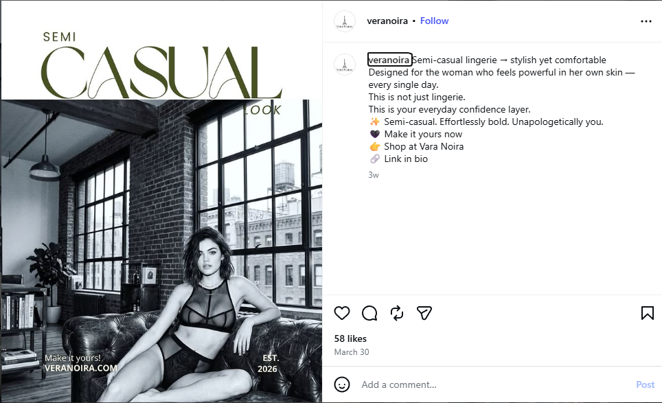 Vera Noira semi casual lingerie Instagram post modern black lingerie aesthetic