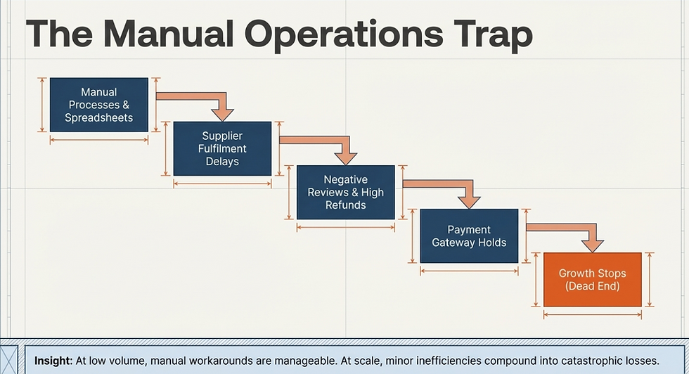 Flowchart illustrating the manual operations trap in dropshipping, showing how manual processes lead to supplier delays, negative reviews, payment gateway holds, and ultimately business growth stopping.