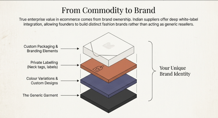 Infographic explaining how clothing dropshipping suppliers enable ecommerce brands through private labeling, custom packaging, and product customization.