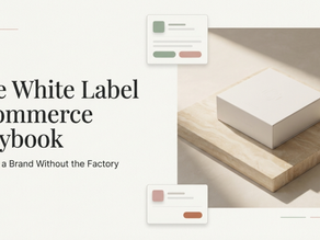 Minimalist white label ecommerce concept image showing a blank product box on a wooden platform with the text “The White Label Ecommerce Playbook – Building a Brand Without the Factory.”