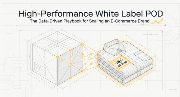 Cover image titled "High-Performance White Label POD" with the subtitle "The Data-Driven Playbook for Scaling an E-Commerce Brand." The graphic features a clean white background with subtle grid lines and technical blueprint elements. An isometric illustration connects a shipping box to a folded branded T-shirt with glowing network nodes, symbolizing the transition from product manufacturing to branded fulfillment. The design conveys a modern, data-driven approach to scaling a white label print-on-demand (POD) e-commerce business through branding, operations, and logistics.