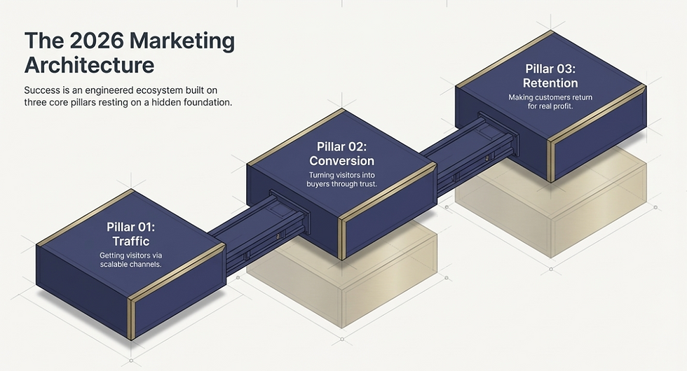 Diagram illustrating the 2026 dropshipping marketing architecture with three pillars—traffic, conversion, and retention—showing how scalable growth is built on a structured system-driven foundation.