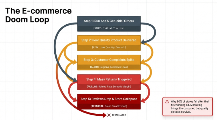 Flowchart illustrating the “E-commerce Doom Loop,” showing steps from running ads and getting orders to poor product quality, customer complaints, mass returns, and eventual store collapse due to declining reviews and trust.