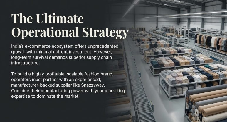 Infographic titled “The Ultimate Operational Strategy” showing a modern textile manufacturing warehouse alongside text explaining how partnering with manufacturer-backed suppliers like Snazzyway enables scalable fashion ecommerce growth.