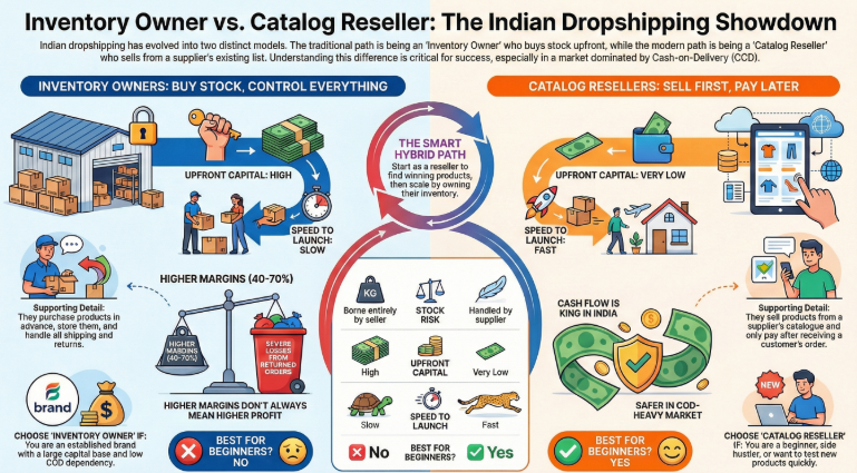 Inventory Owner vs Catalog Reseller infographic comparing Indian dropshipping models, showing capital needs, margins, cash flow, RTO risk, speed to launch, and beginner suitability