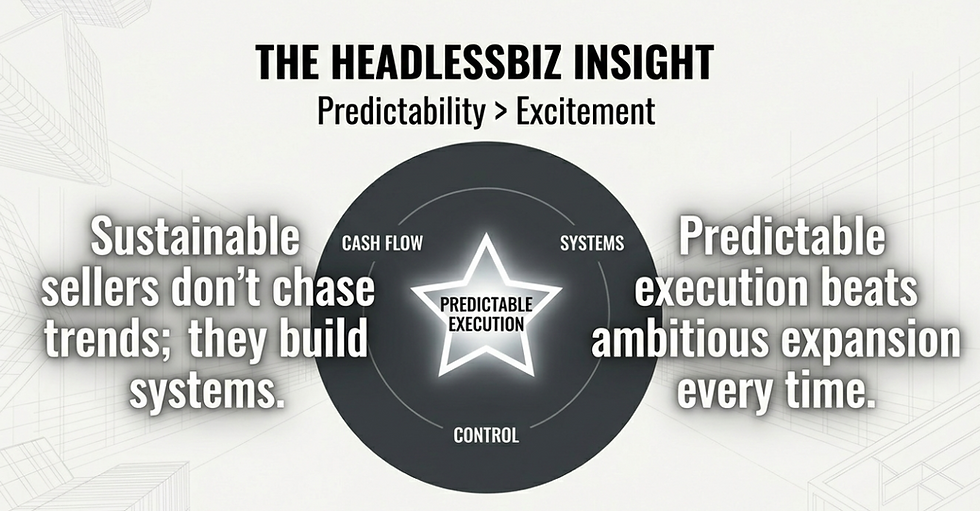 HeadlessBiz insight graphic showing that predictable execution, cash flow, systems, and control matter more than chasing trends