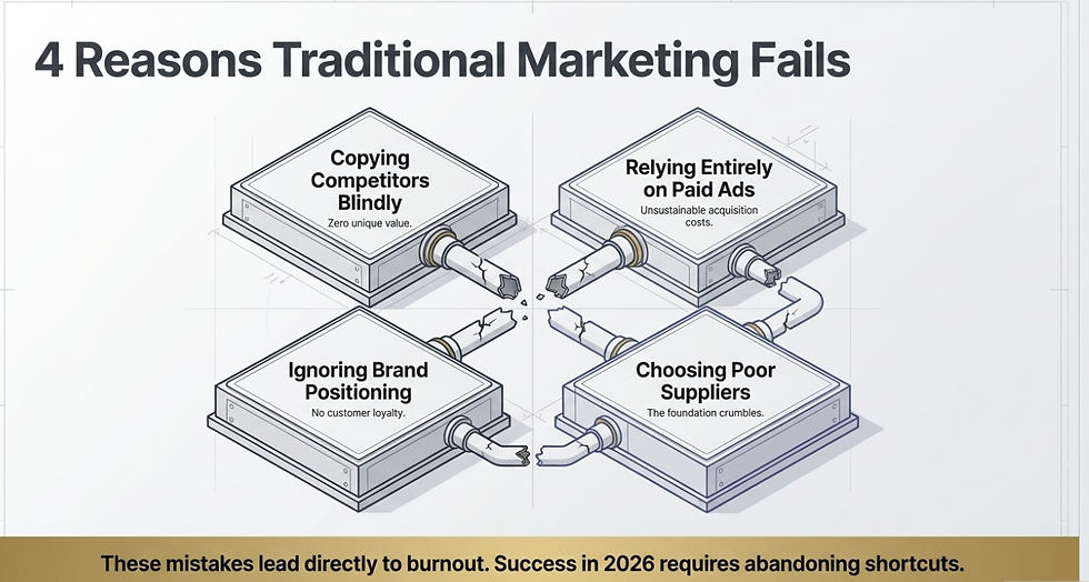 Infographic showing four reasons traditional dropshipping marketing fails: copying competitors blindly, relying entirely on paid ads, ignoring brand positioning, and choosing poor suppliers, leading to burnout and unsustainable growth.