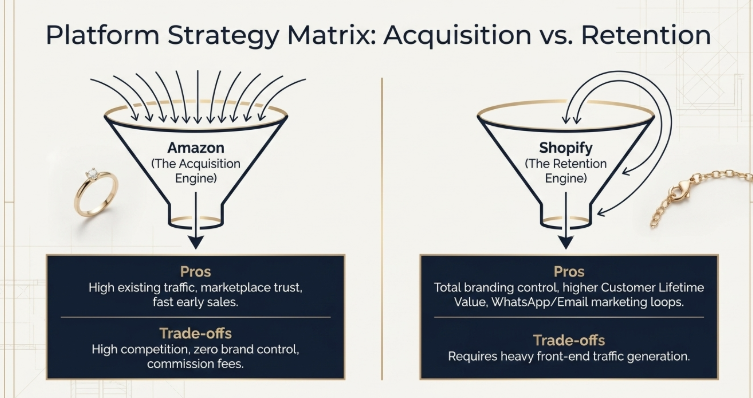 Amazon vs Shopify jewellery dropshipping strategy comparison showing Amazon for customer acquisition and Shopify for brand retention, customer lifetime value, email marketing, and long-term ecommerce growth in India for 2026 sellers