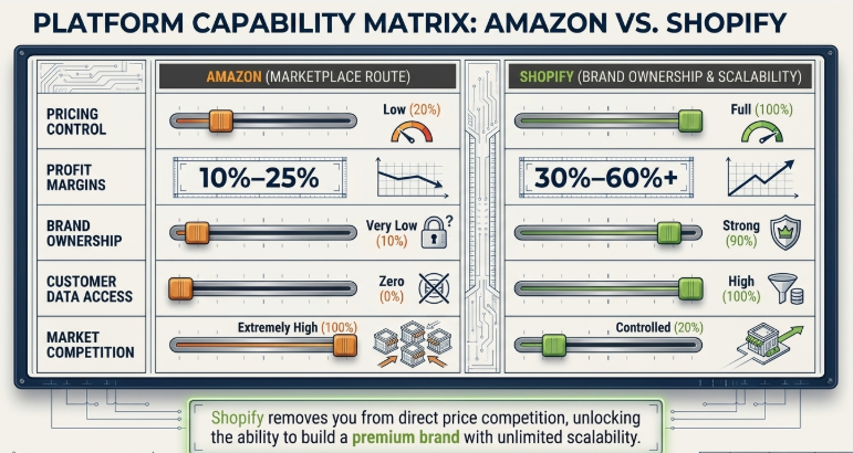 Shopify vs Amazon capability matrix pricing control profit margins brand ownership comparison India dropshipping