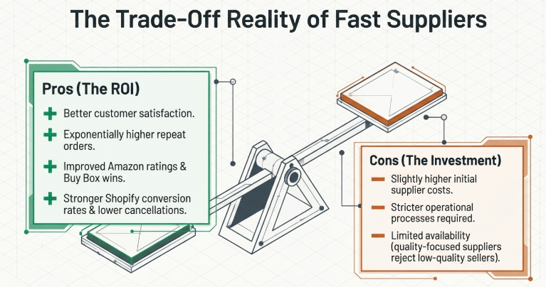Infographic titled “The Trade-Off Reality of Fast Suppliers” illustrating the balance between operational investment and ecommerce performance gains. The left section highlights the ROI advantages of working with fast, reliable suppliers, including better customer satisfaction, higher repeat orders, improved Amazon ratings and Buy Box performance, and stronger Shopify conversion rates with fewer cancellations. The right section outlines the trade-offs and operational costs, such as higher supplier pricing, stricter operational requirements, and limited availability of quality-focused fulfillment partners. The central balancing scale symbolizes the strategic decision between low-cost sourcing and long-term ecommerce scalability through operational excellence.