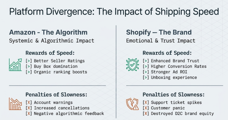Infographic titled “Platform Divergence: The Impact of Shipping Speed” comparing how delivery performance affects Amazon and Shopify businesses differently. The left section explains Amazon’s algorithm-driven ecosystem, where fast shipping improves seller ratings, Buy Box visibility, and organic rankings, while slow fulfillment leads to account warnings, cancellations, and negative algorithmic feedback. The right section focuses on Shopify’s brand-driven ecosystem, where fast delivery strengthens customer trust, conversion rates, ROI, and the unboxing experience, while shipping delays trigger support tickets, customer panic, and damage to D2C brand equity. Modern strategic ecommerce comparison design emphasizing the operational importance of fulfillment speed across different selling platforms.