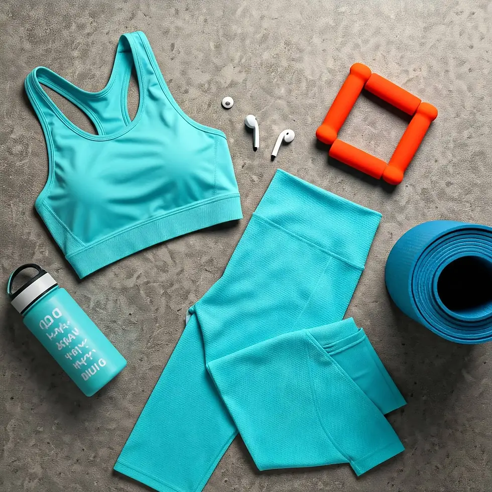 Fitness and lifestyle products flat lay including activewear, yoga mat, dumbbells, and workout accessories for ecommerce