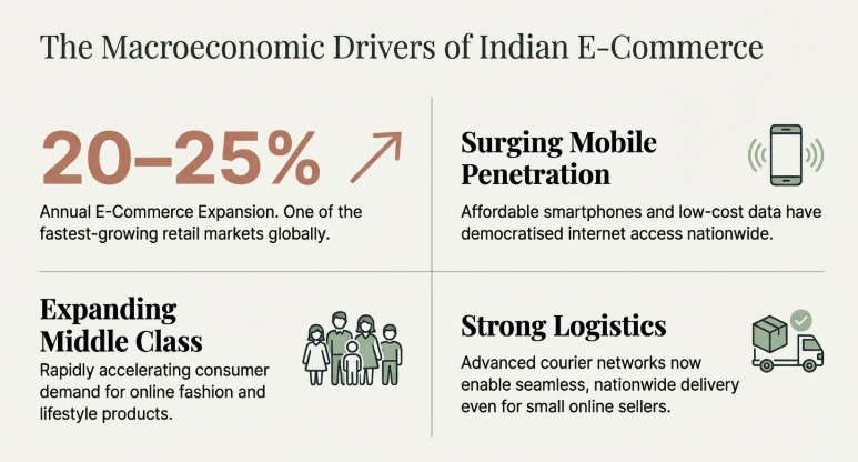Infographic showing the macroeconomic drivers of Indian e-commerce, highlighting 20–25% annual market growth, rising mobile internet penetration, expanding middle-class demand, and improved nationwide logistics networks.