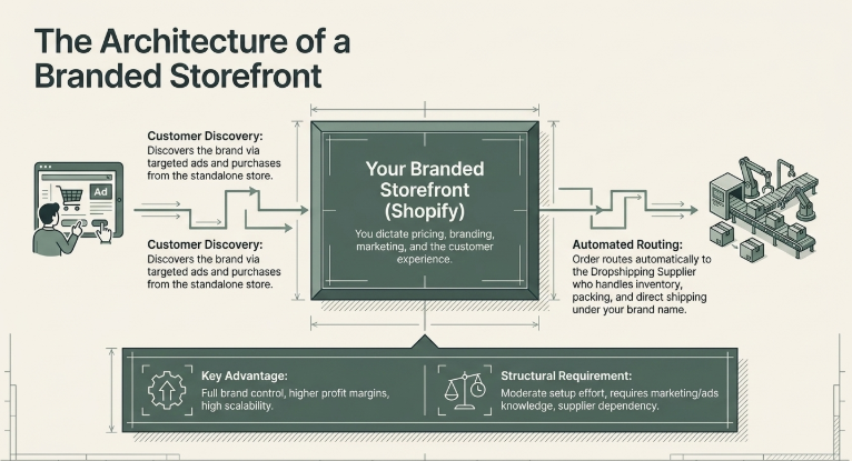Diagram illustrating a branded Shopify storefront workflow, from customer discovery through ads to order routing and fulfillment by a dropshipping supplier, highlighting brand control and scalability.
