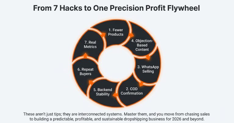 Dropshipping flywheel diagram showing how seven interconnected hacks work together to create predictable profit in 2026