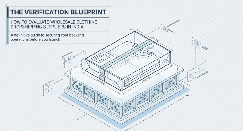 Blueprint-style cover graphic titled “The Verification Blueprint: How to Evaluate Wholesale Clothing Dropshipping Suppliers in India.” The design features a technical architectural illustration of a structured platform or facility with measurement lines, annotations, and engineering-style details. Supporting text describes it as a guide for securing reliable backend operations before launching a business.
