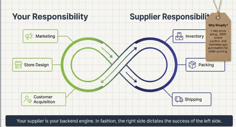 Diagram showing Shopify dropshipping workflow where the seller handles marketing, store design, and customer acquisition, while the supplier manages inventory, packing, and shipping.