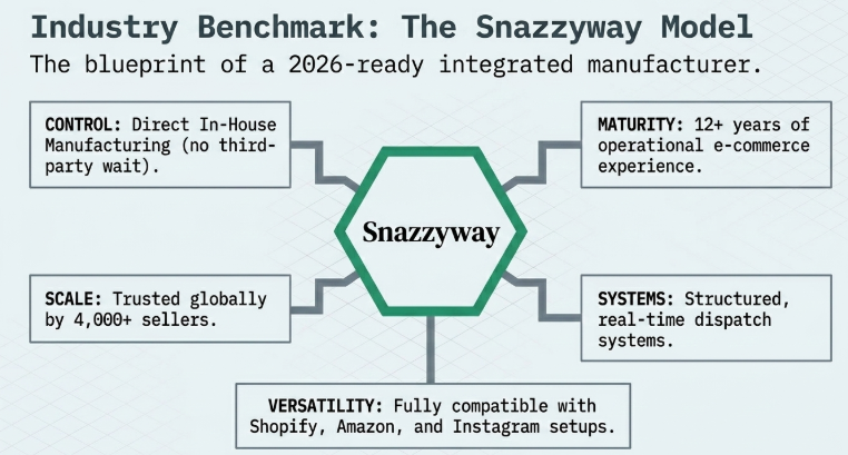 Infographic titled “Industry Benchmark: The Snazzyway Model” presenting the operational framework of a 2026-ready integrated ecommerce manufacturer. The central Snazzyway hub connects five key business strengths: direct in-house manufacturing control, 12+ years of ecommerce operational maturity, globally trusted scale supporting 4,000+ sellers, structured real-time dispatch systems, and compatibility with Shopify, Amazon, and Instagram commerce setups. The design positions Snazzyway as a scalable hybrid ecommerce infrastructure provider focused on operational control, fulfillment speed, and multi-platform selling efficiency.