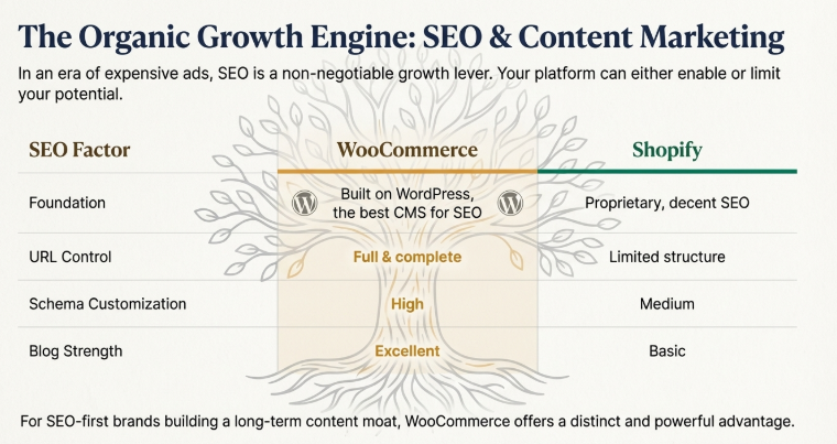 SEO comparison chart showing WooCommerce vs Shopify strengths in content marketing, URL control, schema customization, and blogging capabilities