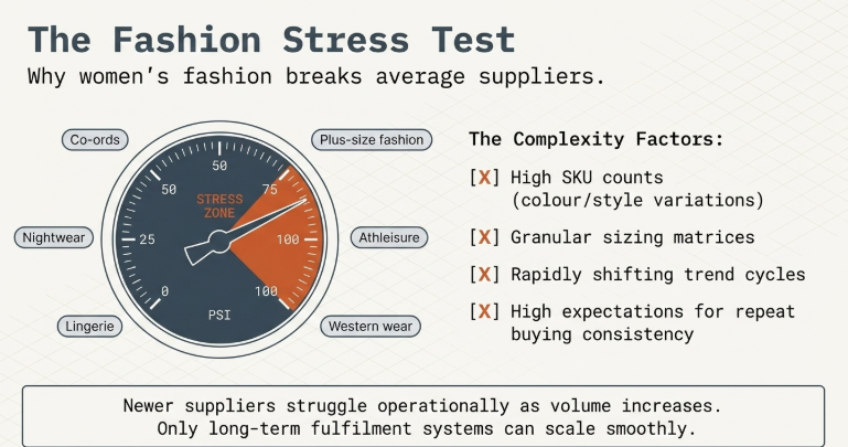 Infographic titled “The Fashion Stress Test” explaining why women’s fashion categories challenge average ecommerce suppliers and fulfillment systems. The design uses a pressure gauge metaphor to represent operational stress caused by complex fashion inventory management. Product categories such as co-ords, plus-size fashion, athleisure, western wear, lingerie, and nightwear surround the gauge, highlighting the diversity and complexity of women’s fashion ecommerce. The right section outlines key operational challenges including high SKU counts, granular sizing matrices, rapidly changing trends, and high customer expectations for repeat buying consistency. The bottom insight emphasizes that inexperienced suppliers struggle as order volume increases, while long-term fulfillment systems scale more reliably.