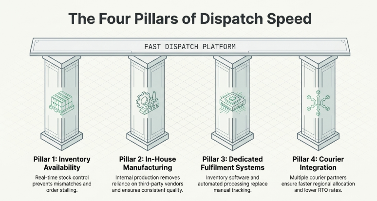 Infographic titled “The Four Pillars of Dispatch Speed” illustrating the operational foundations of a fast ecommerce fulfillment system. The design presents four structural pillars supporting a “Fast Dispatch Platform”: inventory availability for real-time stock control, in-house manufacturing for consistent production quality, dedicated fulfillment systems for automated order processing, and courier integration for faster regional delivery allocation and reduced RTO rates. The visual emphasizes that reliable dispatch speed in ecommerce depends on strong backend infrastructure, automation, and integrated logistics operations.