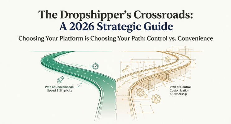 Illustration showing two diverging paths for dropshippers in 2026, comparing convenience and speed versus control, customization, and ownership