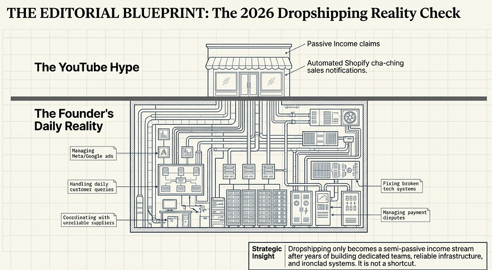 Illustration showing dropshipping reality check in 2026, contrasting YouTube hype of passive income and automated sales with the founder’s daily reality of managing ads, customer queries, supplier issues, tech problems, and payment disputes.