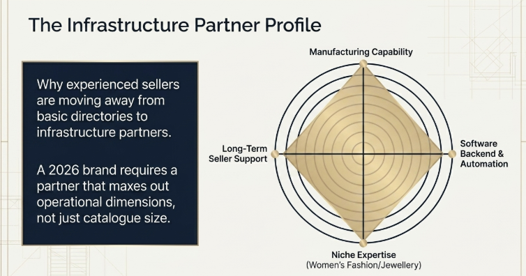 Infrastructure partner profile for jewellery dropshipping in India highlighting manufacturing capability, backend automation, women’s fashion expertise, and long-term seller support for scalable Shopify and Amazon ecommerce brands in 2026